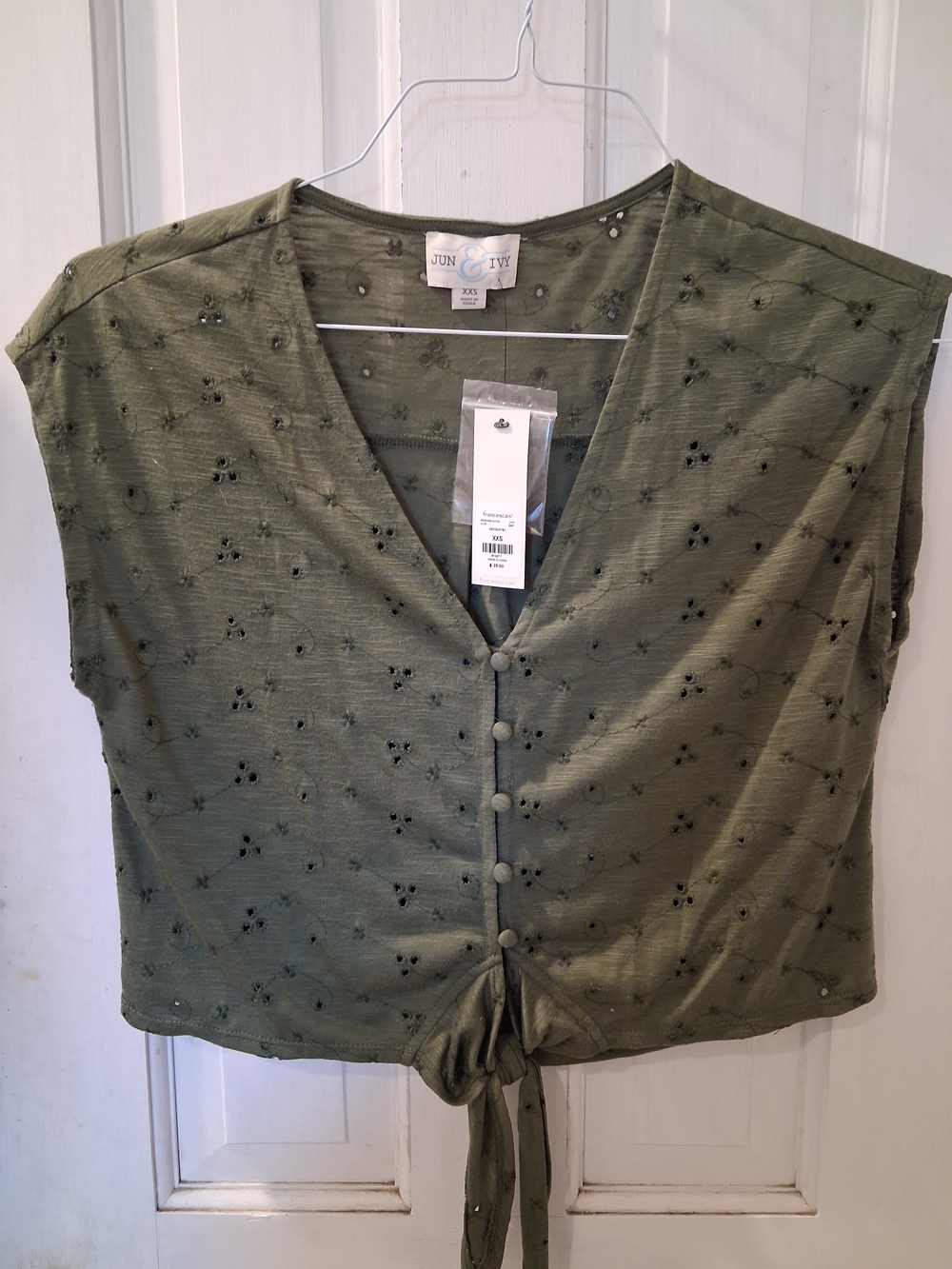 Francesca's Collections Olive Eyelet Button Tie-Front Top